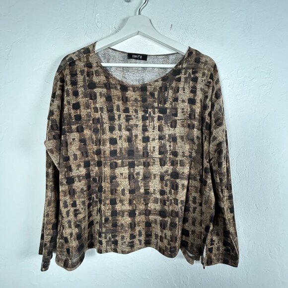 Comfy USA Womens Long Sleeve Side Slit Top Medium Brown Animal Print Stretch - Picture 1 of 8